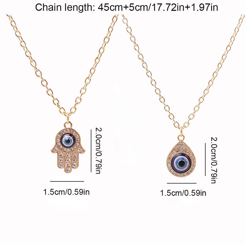 Bohemian Evil Eye Pendant Necklace, Lucky Hamsa & Teardrop Charm
