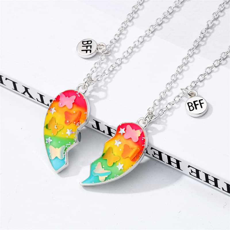 Rainbow Heart Magnetic Best Friend Necklaces Set