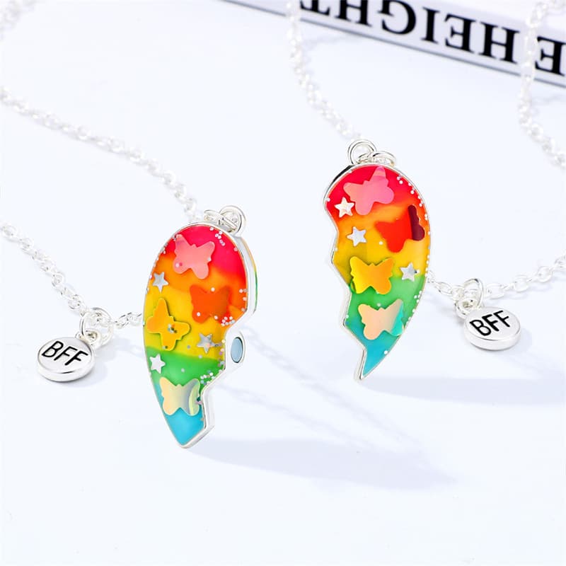 Rainbow Heart Magnetic Best Friend Necklaces Set