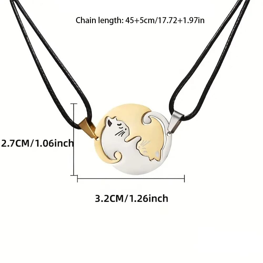 Cute Cat Heart Puzzle Necklace Set for Couples - Stainless Steel Engraving Love Gift