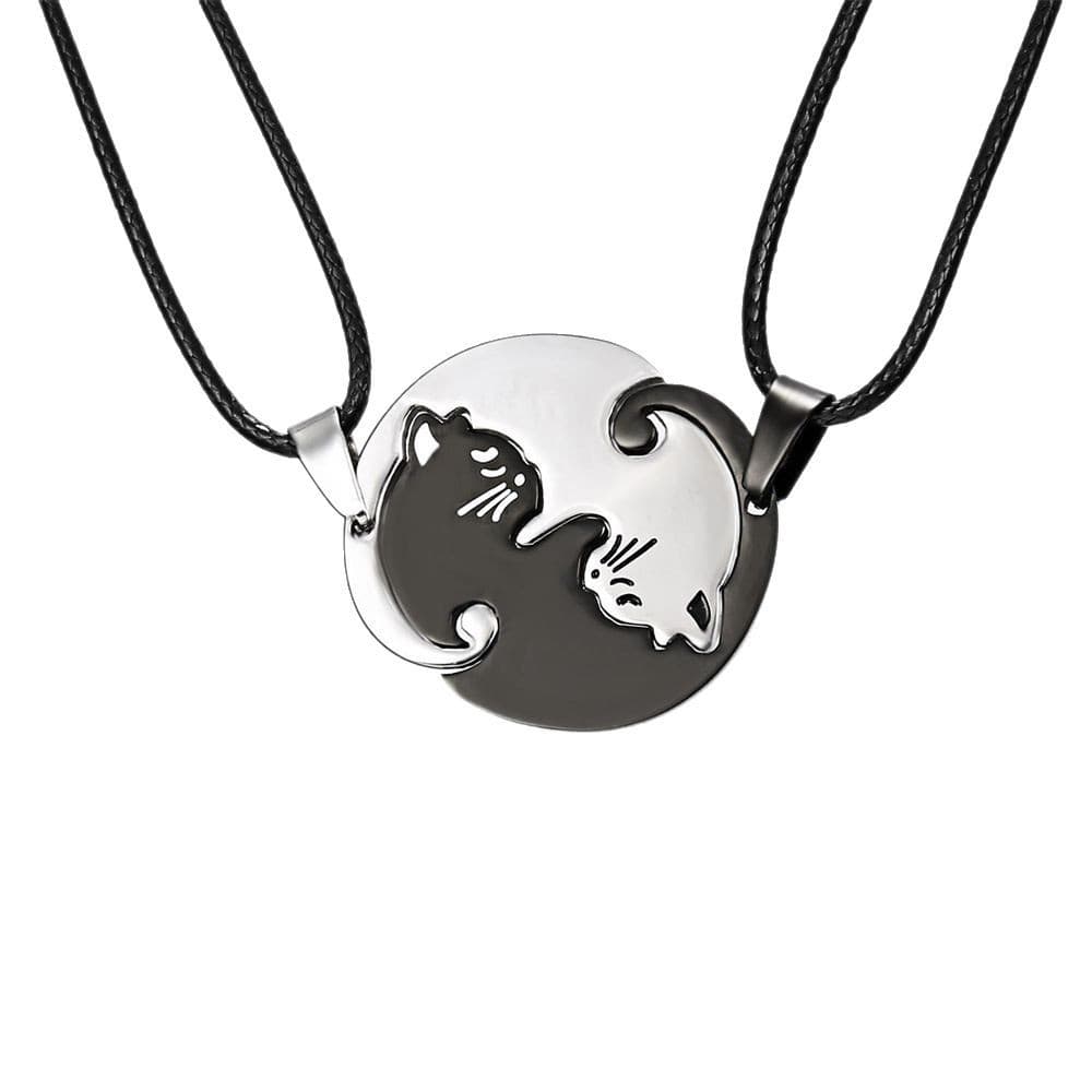 Cute Cat Heart Puzzle Necklace Set for Couples - Stainless Steel Engraving Love Gift