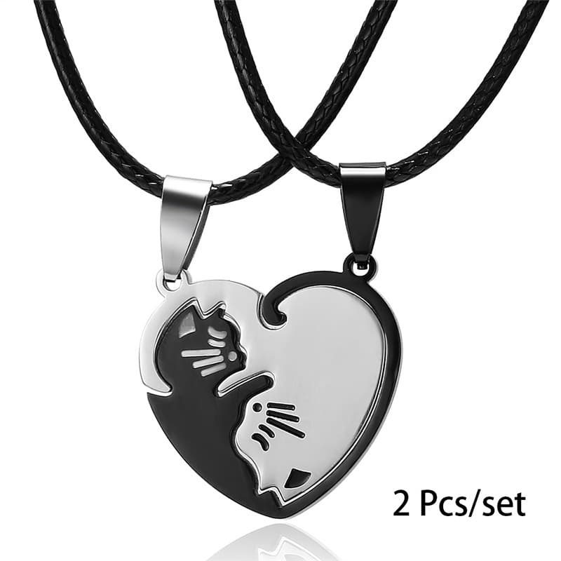 Cute Cat Heart Puzzle Necklace Set for Couples - Stainless Steel Engraving Love Gift