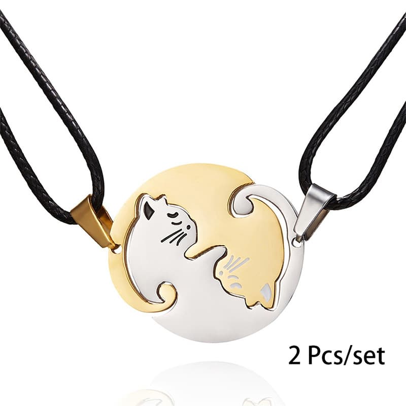 Cute Cat Heart Puzzle Necklace Set for Couples - Stainless Steel Engraving Love Gift