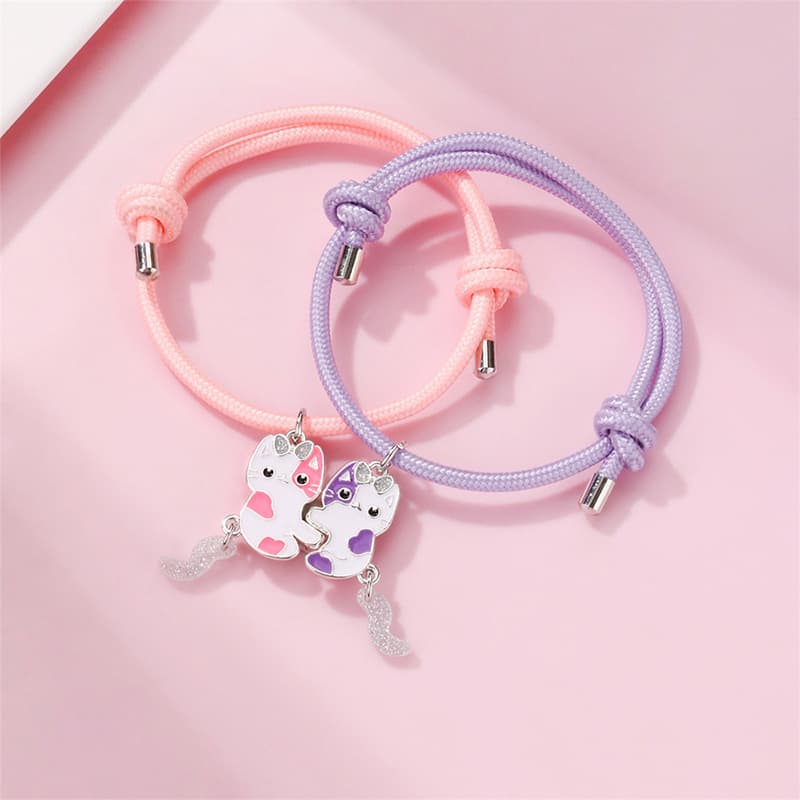 Cute Cat Friends Magnetic Glow Bracelets for Kids, Pink & Purple Set
