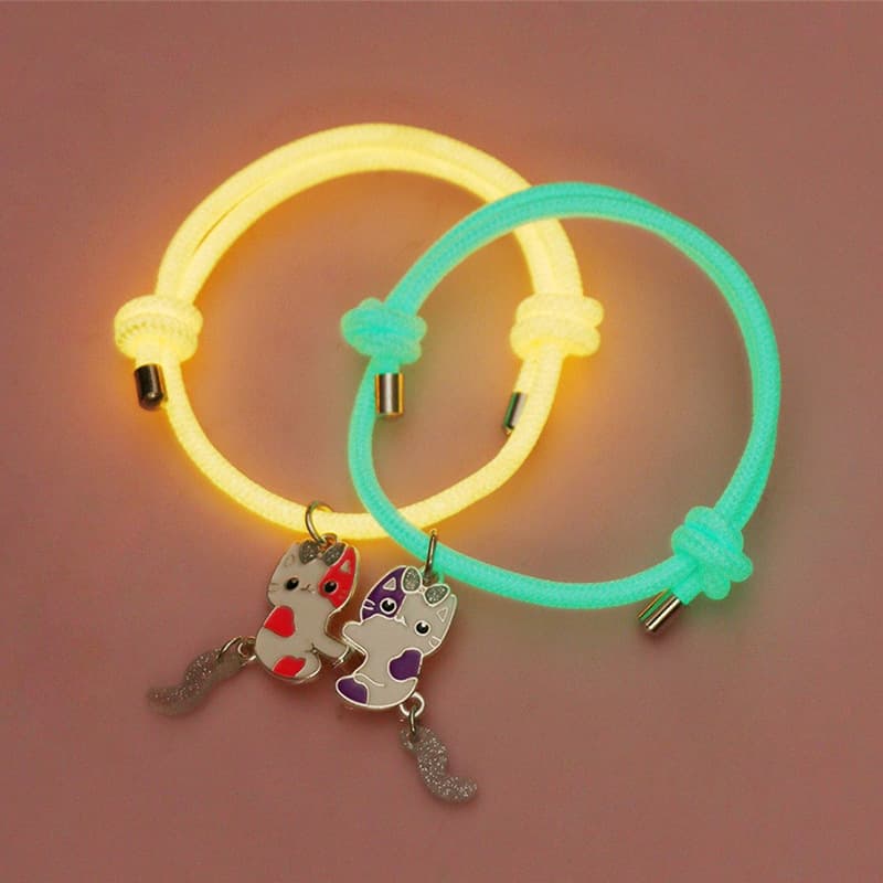 Cute Cat Friends Magnetic Glow Bracelets for Kids, Pink & Purple Set