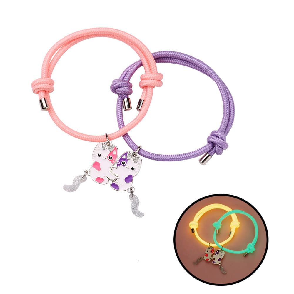 Cute Cat Friends Magnetic Glow Bracelets for Kids, Pink & Purple Set
