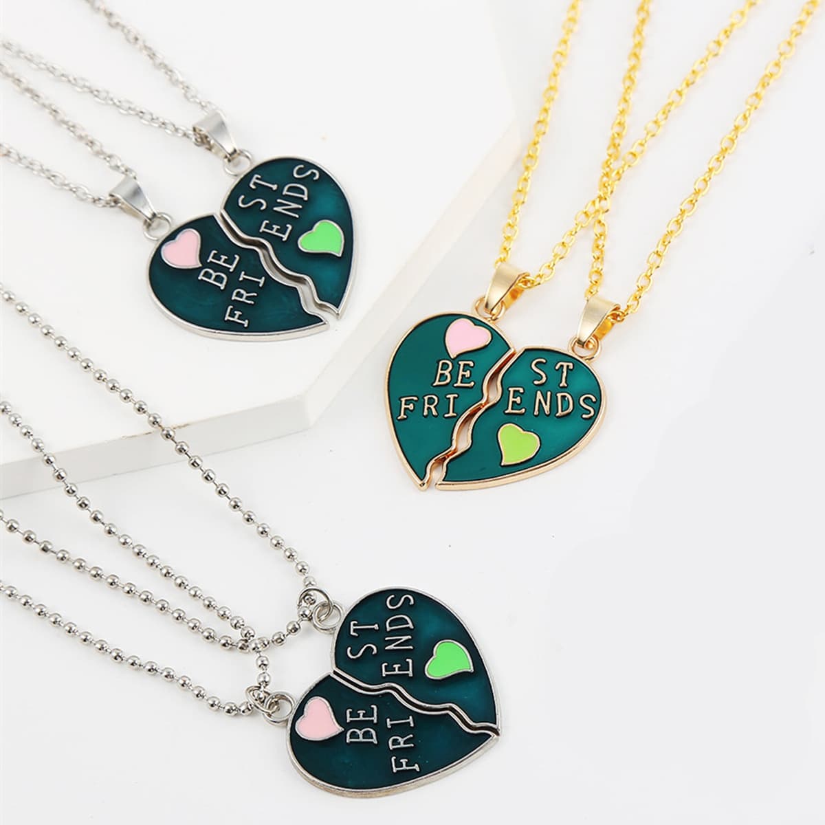 Best Friends Heart Necklace Set - Enamel Split Heart Pendant Jewelry Gift