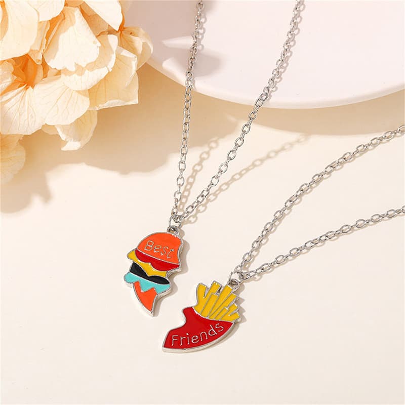 Best Friends Burger & Fries Heart Necklace Set