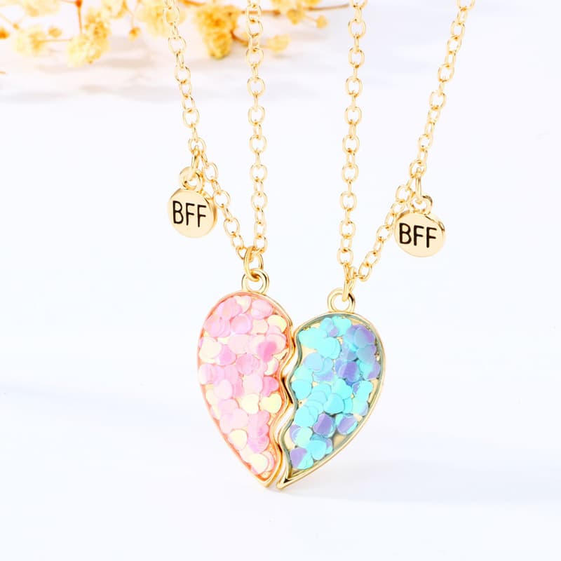 Matching BFF Heart Necklaces - Pink & Blue Sparkle Best Friend Jewelry Set
