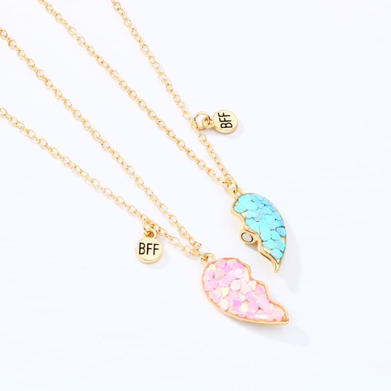Matching BFF Heart Necklaces - Pink & Blue Sparkle Best Friend Jewelry Set