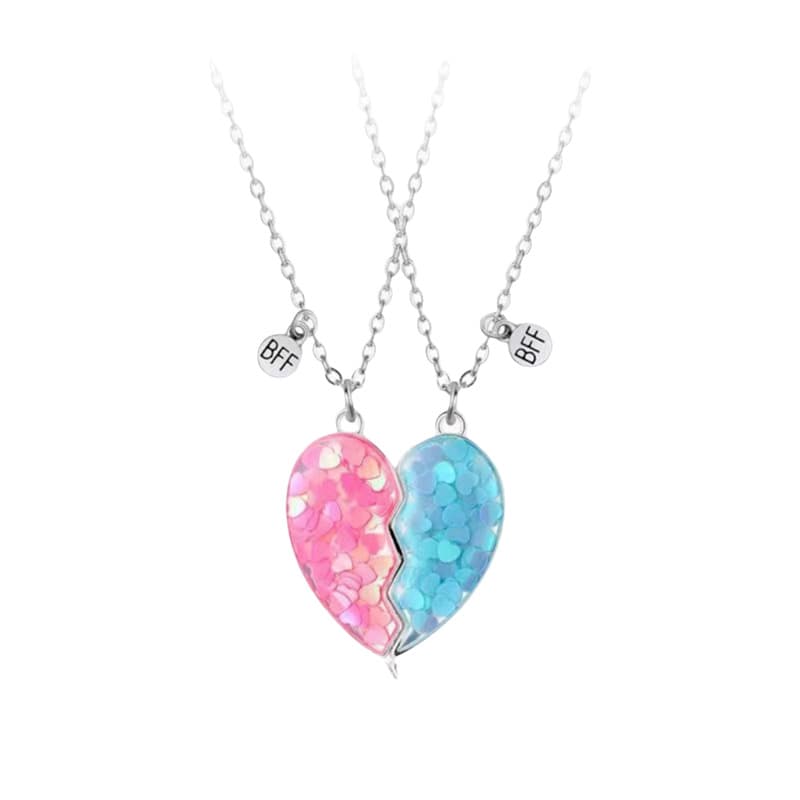 Matching BFF Heart Necklaces - Pink & Blue Sparkle Best Friend Jewelry Set