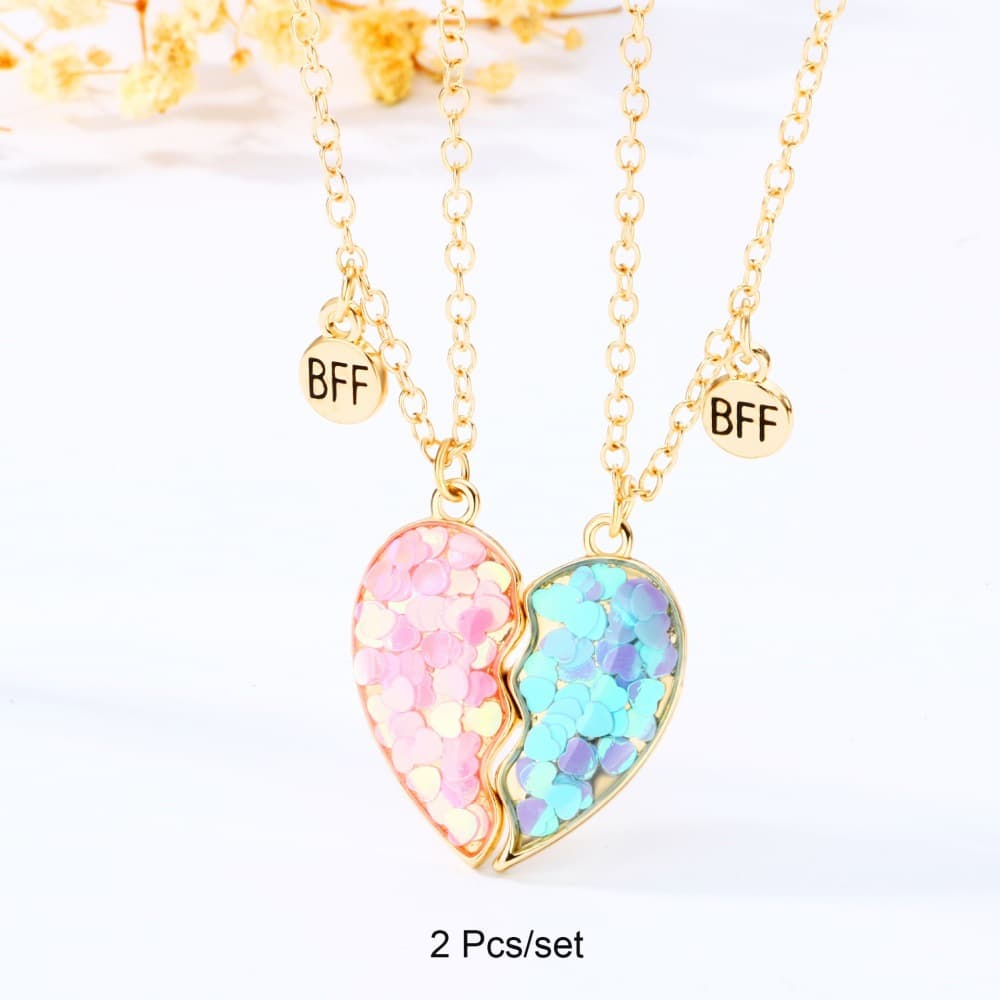 Matching BFF Heart Necklaces - Pink & Blue Sparkle Best Friend Jewelry Set