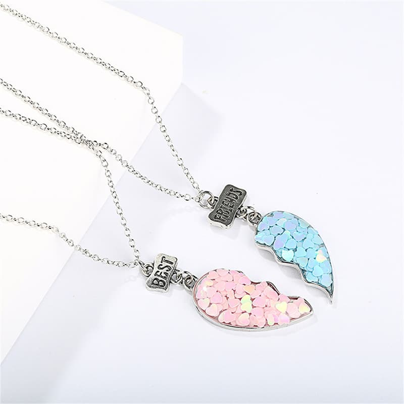 Best Friends Heart Pendant Necklace Set, Sparkly Glitter Half-Heart Jewelry for Girls