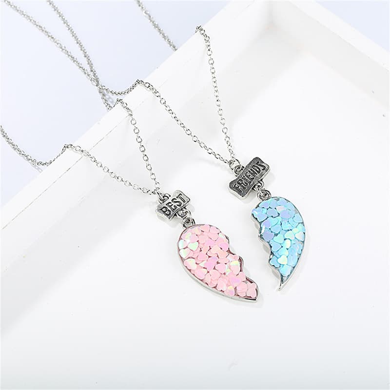 Best Friends Heart Pendant Necklace Set, Sparkly Glitter Half-Heart Jewelry for Girls