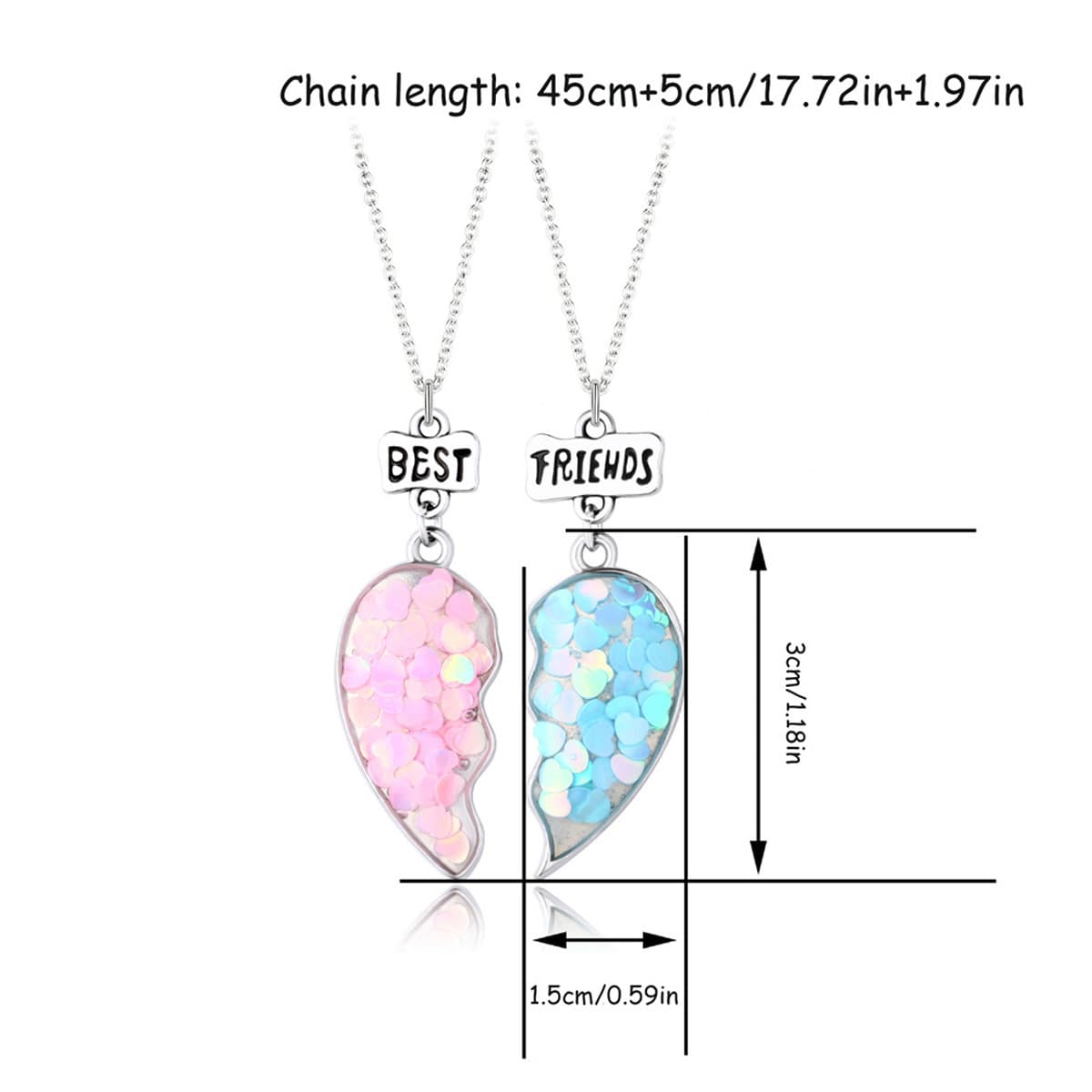 Best Friends Heart Pendant Necklace Set, Sparkly Glitter Half-Heart Jewelry for Girls