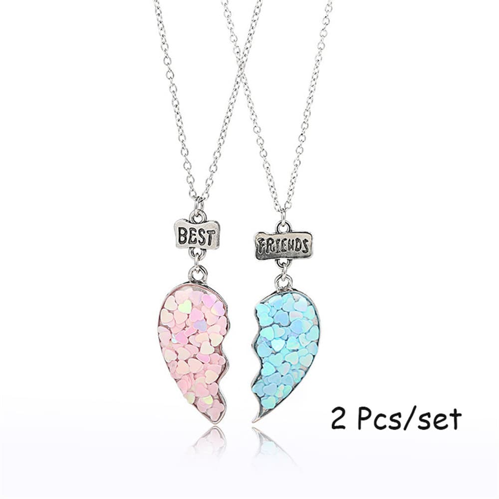Best Friends Heart Pendant Necklace Set, Sparkly Glitter Half-Heart Jewelry for Girls