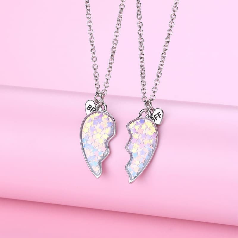Matching Best Friend Necklaces - Heart-Shaped Glitter Wing Set for Girls & Sisters
