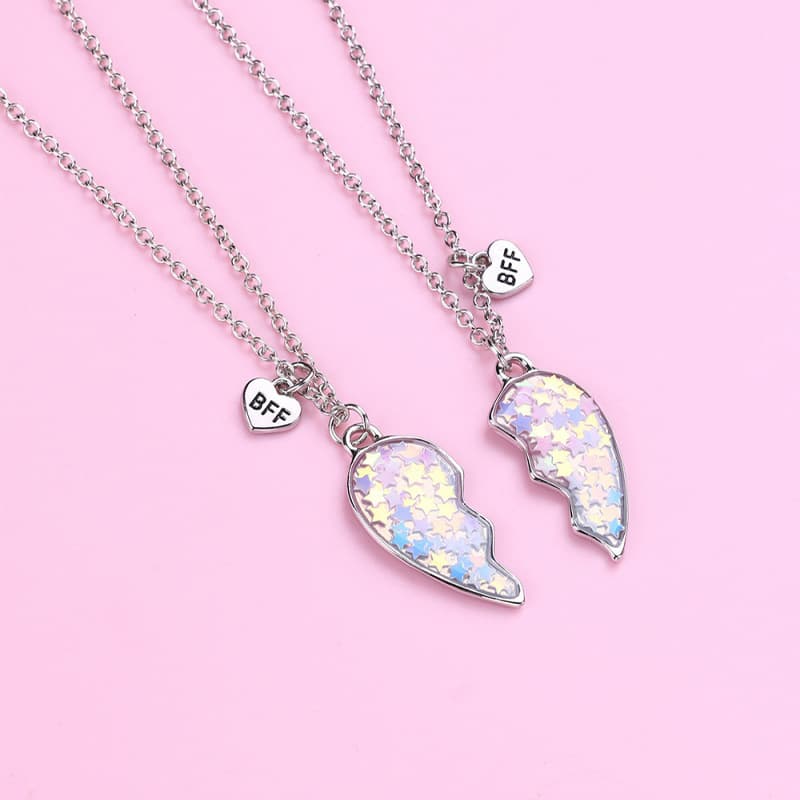 Matching Best Friend Necklaces - Heart-Shaped Glitter Wing Set for Girls & Sisters