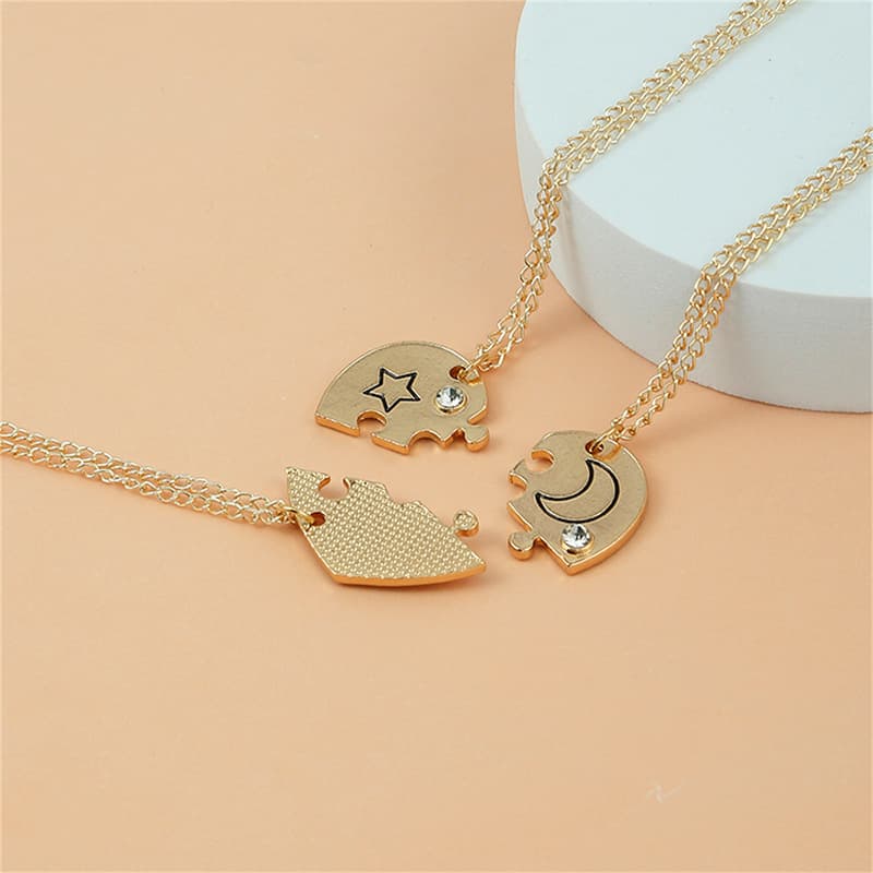Sun Moon Star Puzzle Heart Necklace Set - Best Friend Gift