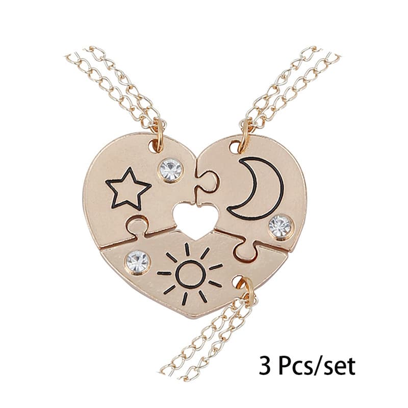 Sun Moon Star Puzzle Heart Necklace Set - Best Friend Gift