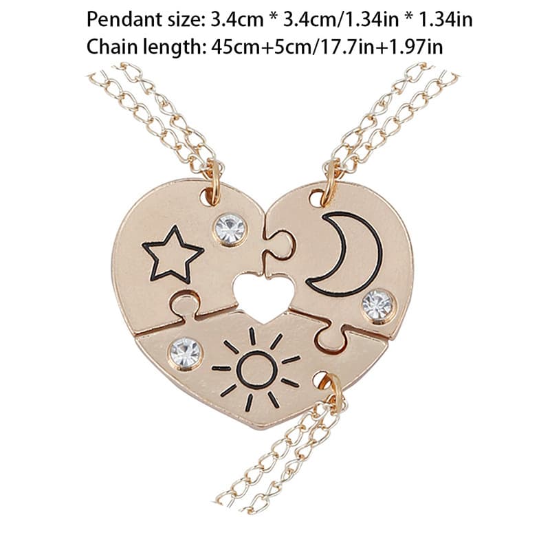 Sun Moon Star Puzzle Heart Necklace Set - Best Friend Gift