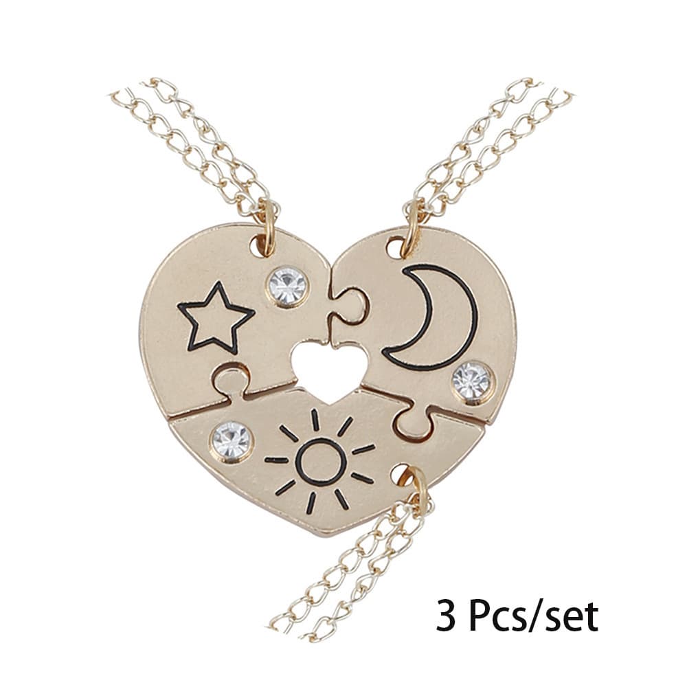 Sun Moon Star Puzzle Heart Necklace Set - Best Friend Gift