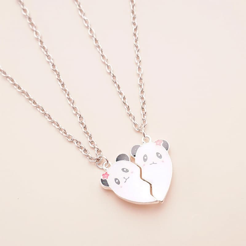 Cute Panda BFF Necklace Set - Heart-Shaped Magnetic Friendship Jewelry for Girls