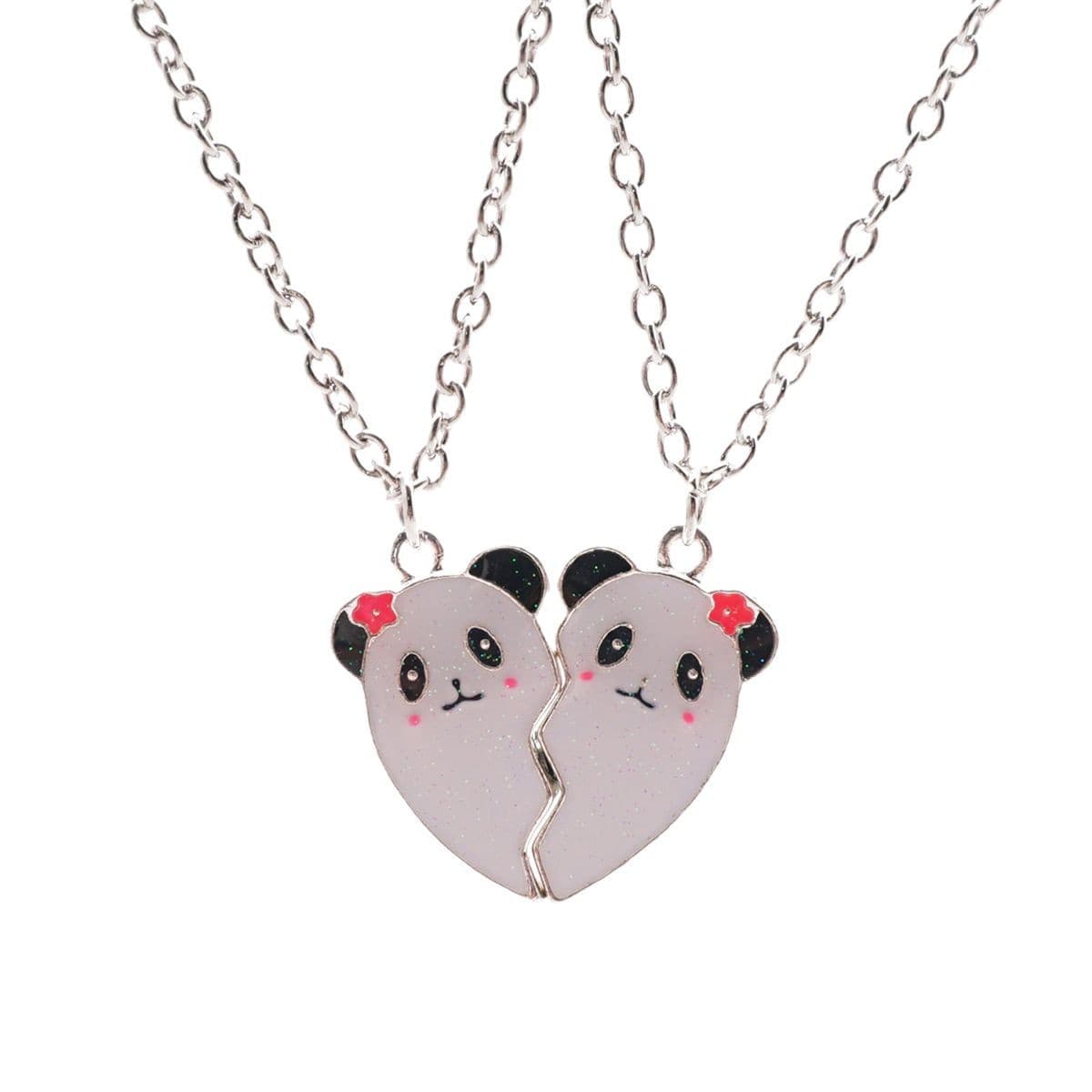 Cute Panda BFF Necklace Set - Heart-Shaped Magnetic Friendship Jewelry for Girls