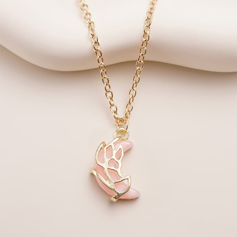Pink Moon Wing Pendant Necklace - Delicate Alloy Lockbone Chain