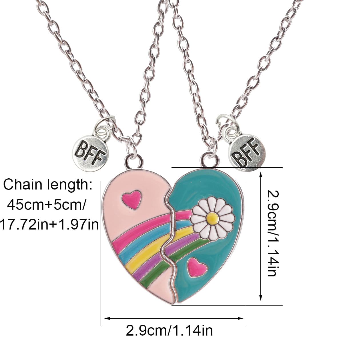 Matching BFF Heart Necklaces Set - Rainbow & Daisy Best Friend Jewelry