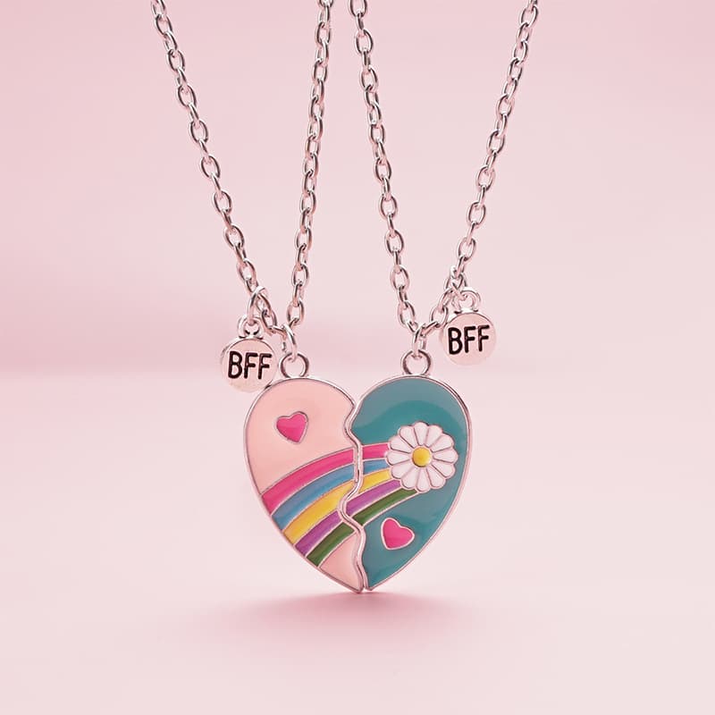 Matching BFF Heart Necklaces Set - Rainbow & Daisy Best Friend Jewelry