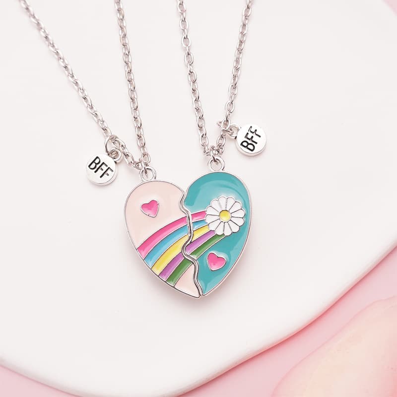 Matching BFF Heart Necklaces Set - Rainbow & Daisy Best Friend Jewelry