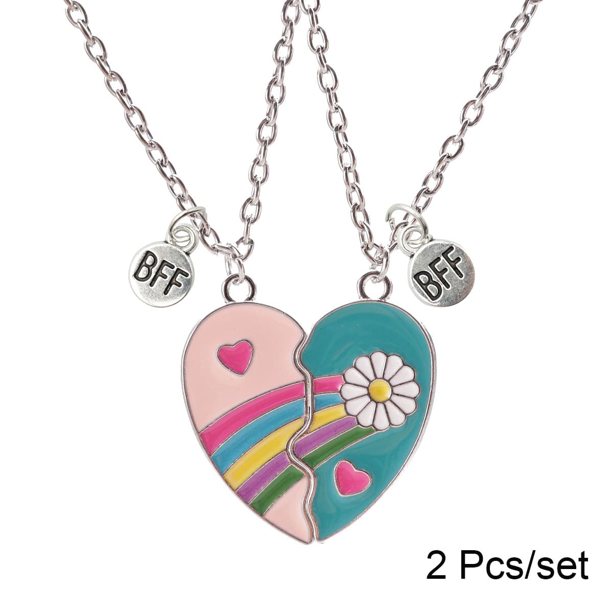 Matching BFF Heart Necklaces Set - Rainbow & Daisy Best Friend Jewelry