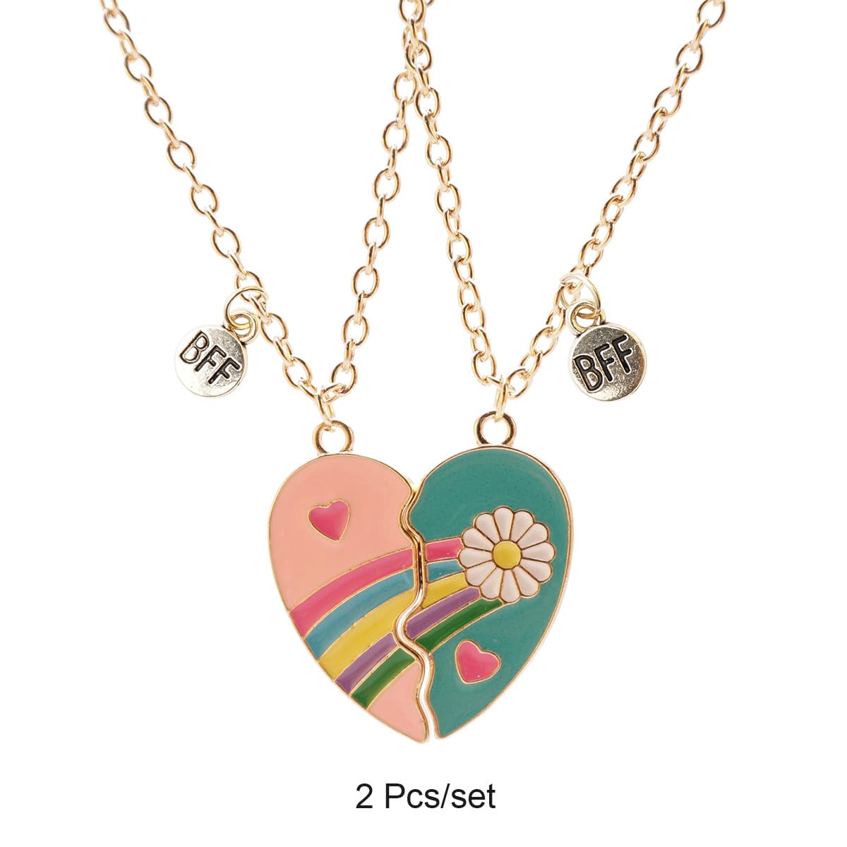 Matching BFF Heart Necklaces Set - Rainbow & Daisy Best Friend Jewelry