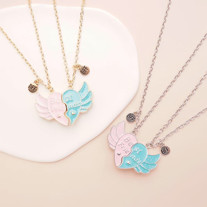 Matching Angel Wing Heart Necklaces for Best Friends BFF Gift Set