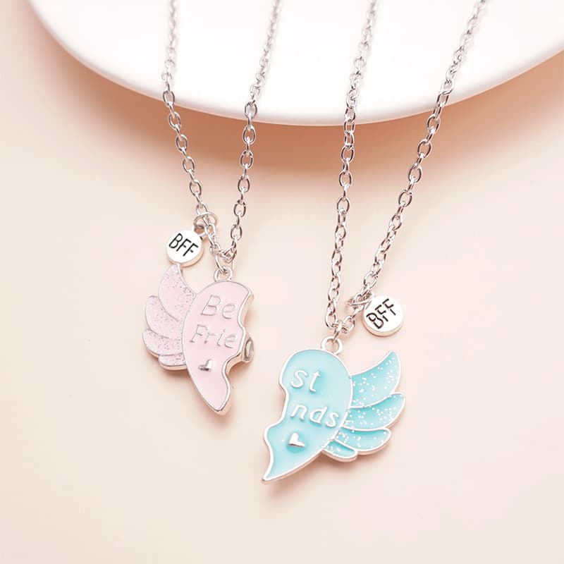 Matching Angel Wing Heart Necklaces for Best Friends BFF Gift Set