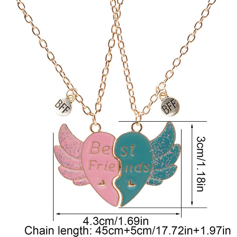 Matching Angel Wing Heart Necklaces for Best Friends BFF Gift Set