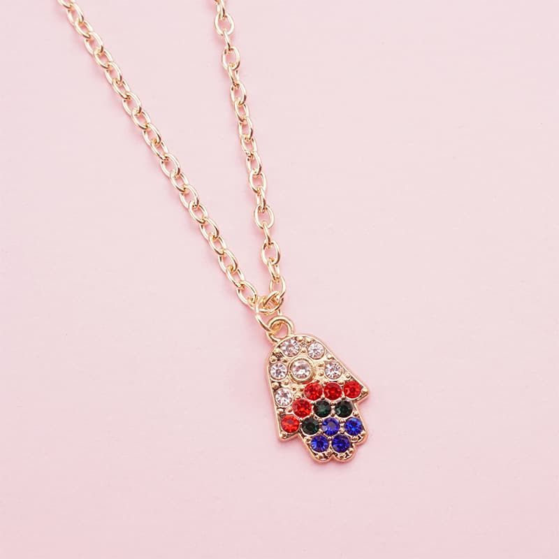 Stunning Alloy Hamsa Hand Pendant Necklace with Colorful Rhinestones