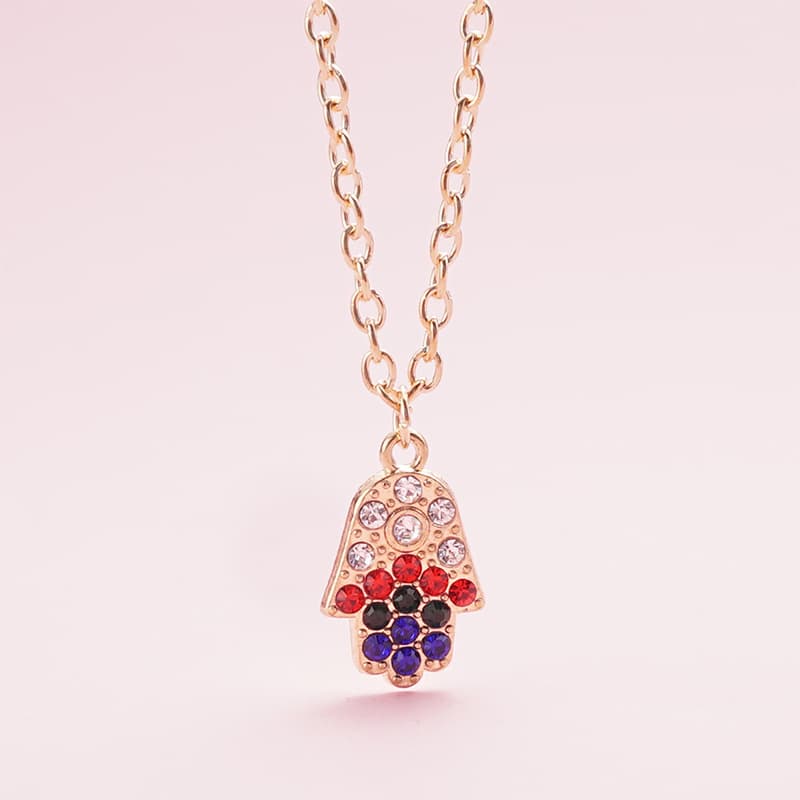 Stunning Alloy Hamsa Hand Pendant Necklace with Colorful Rhinestones