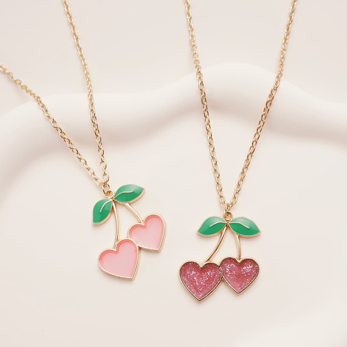 Cherry Heart Pendant Necklace - Sparkly Pink & Matte Pink Sweet Cherry Lockbone Chain
