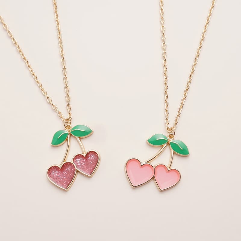 Cherry Heart Pendant Necklace - Sparkly Pink & Matte Pink Sweet Cherry Lockbone Chain