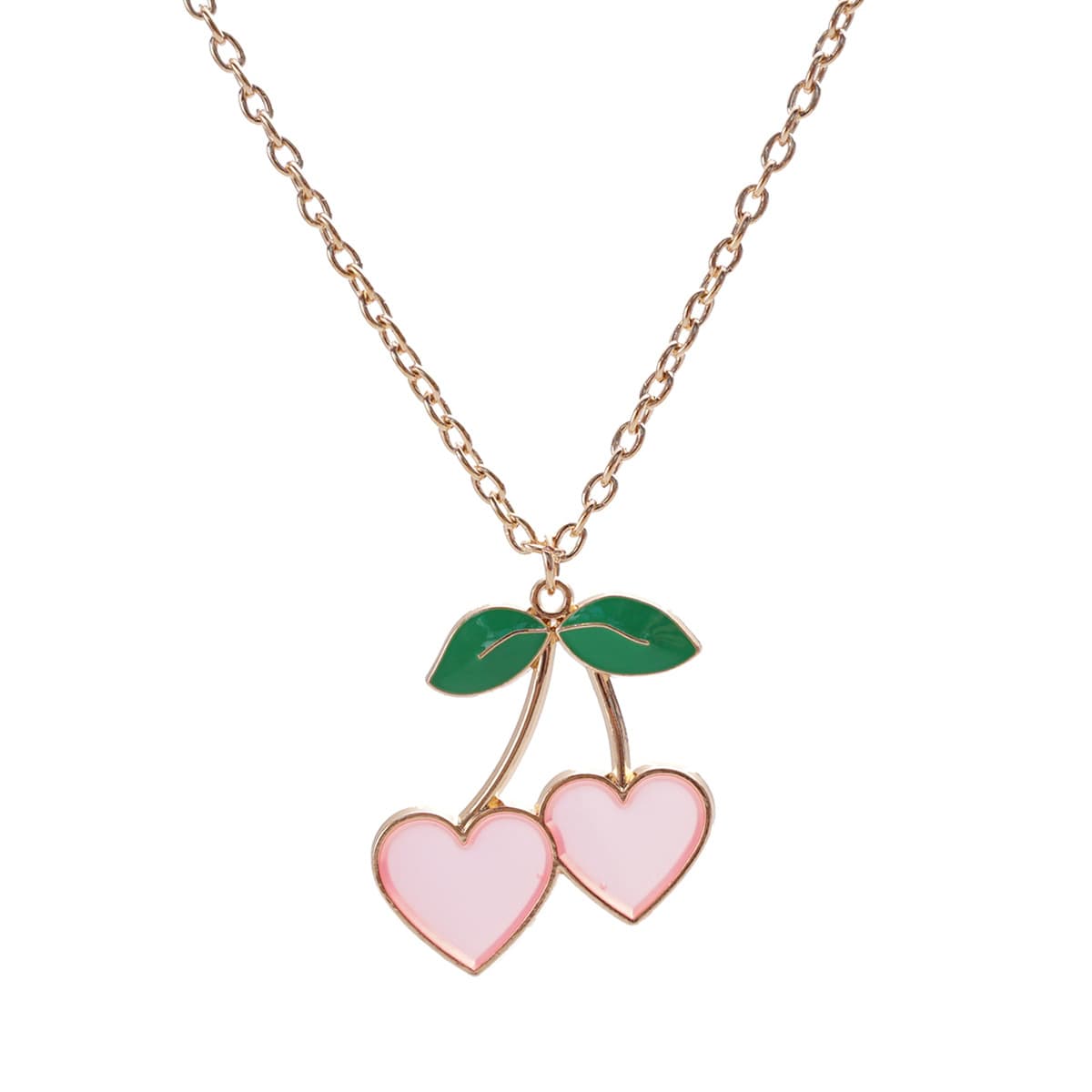 Cherry Heart Pendant Necklace - Sparkly Pink & Matte Pink Sweet Cherry Lockbone Chain