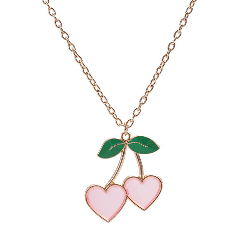 Cherry Heart Pendant Necklace - Sparkly Pink & Matte Pink Sweet Cherry Lockbone Chain