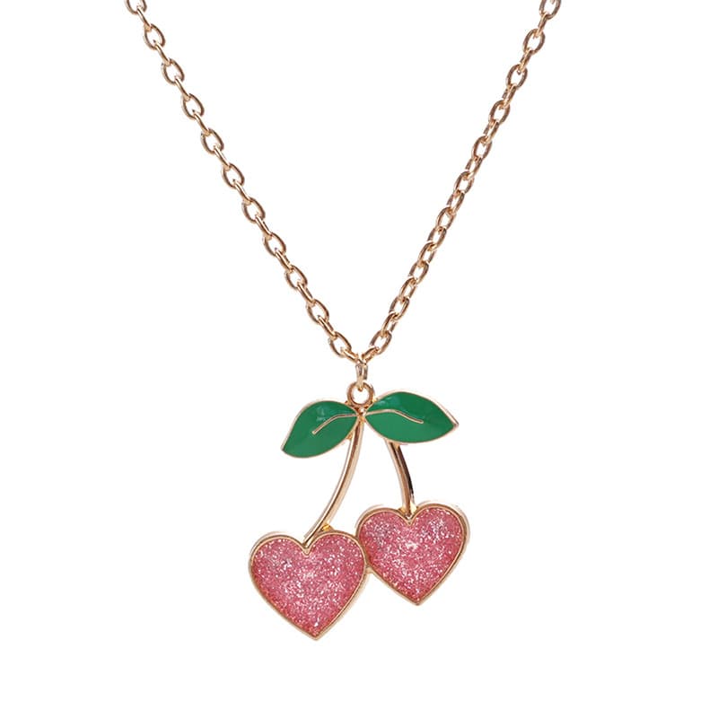Cherry Heart Pendant Necklace - Sparkly Pink & Matte Pink Sweet Cherry Lockbone Chain