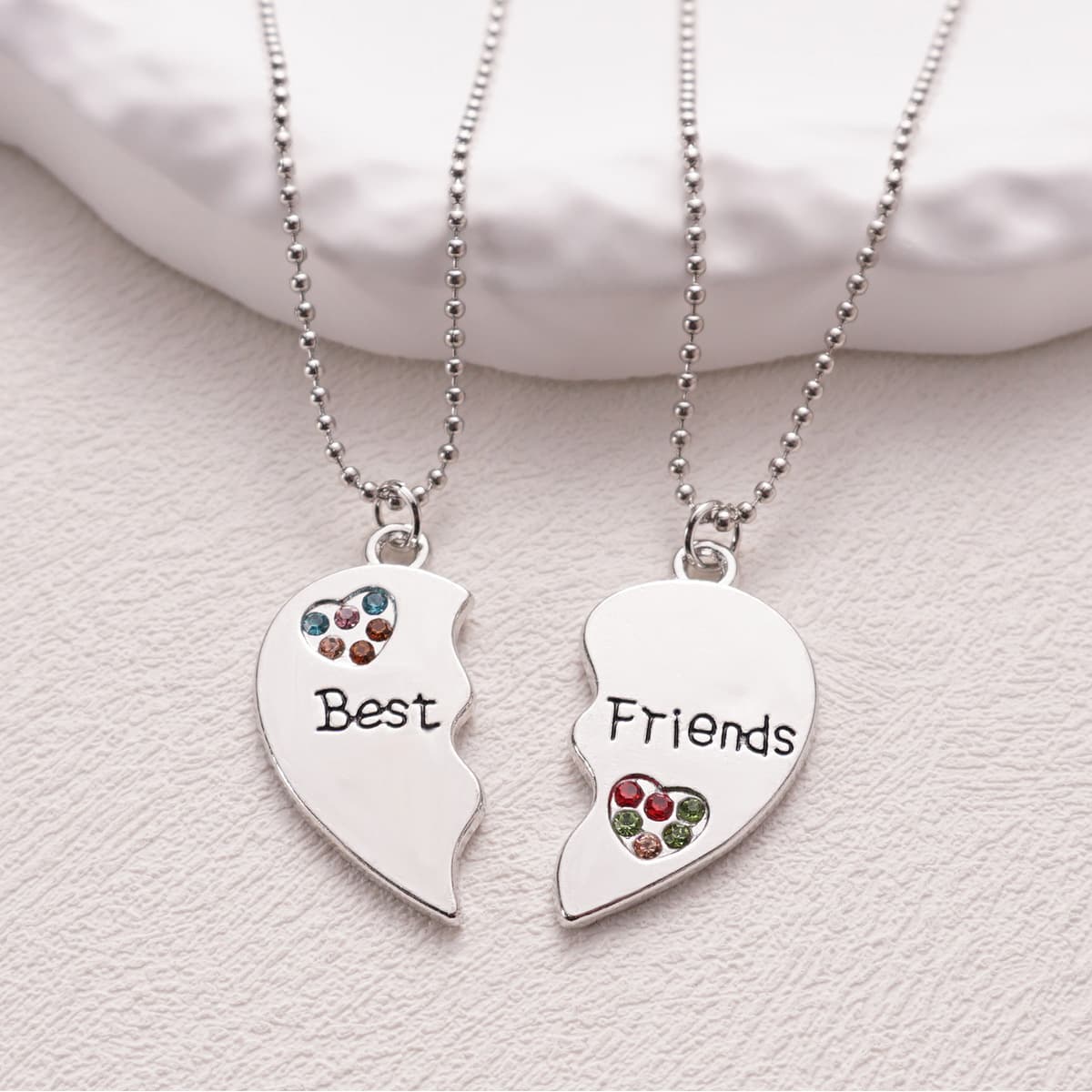 Best Friends Heart Pendant Necklace Set - Rhinestone Alloy Friendship Jewelry
