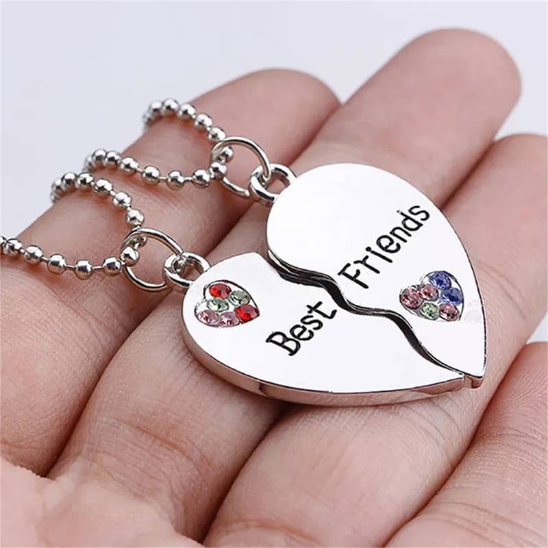Best Friends Heart Pendant Necklace Set - Rhinestone Alloy Friendship Jewelry