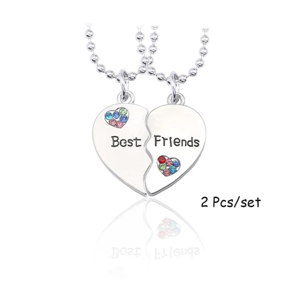 Best Friends Heart Pendant Necklace Set - Rhinestone Alloy Friendship Jewelry