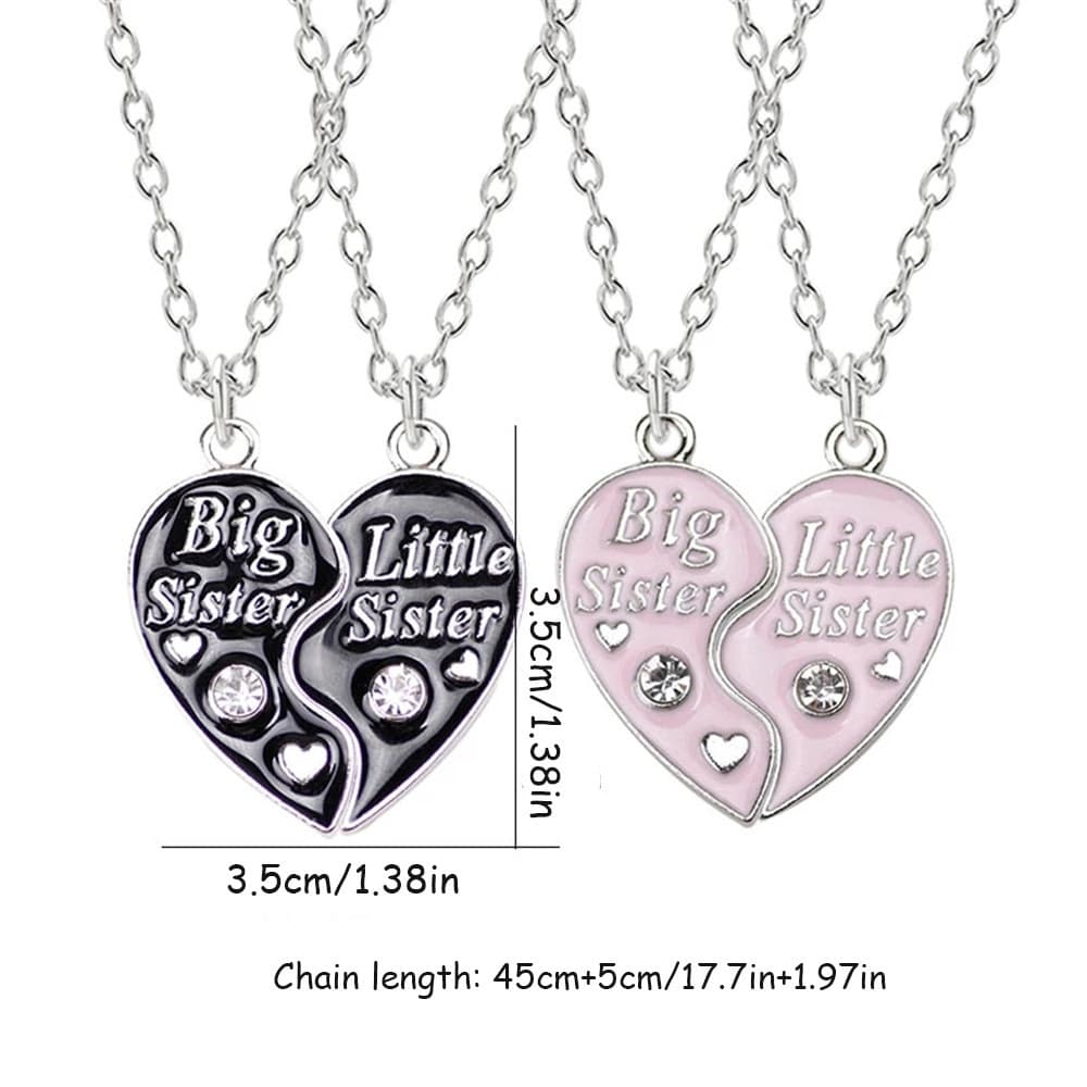 Matching Big Little Sister Heart Necklace Set, Sparkling Crystal Enamel Friendship Jewelry