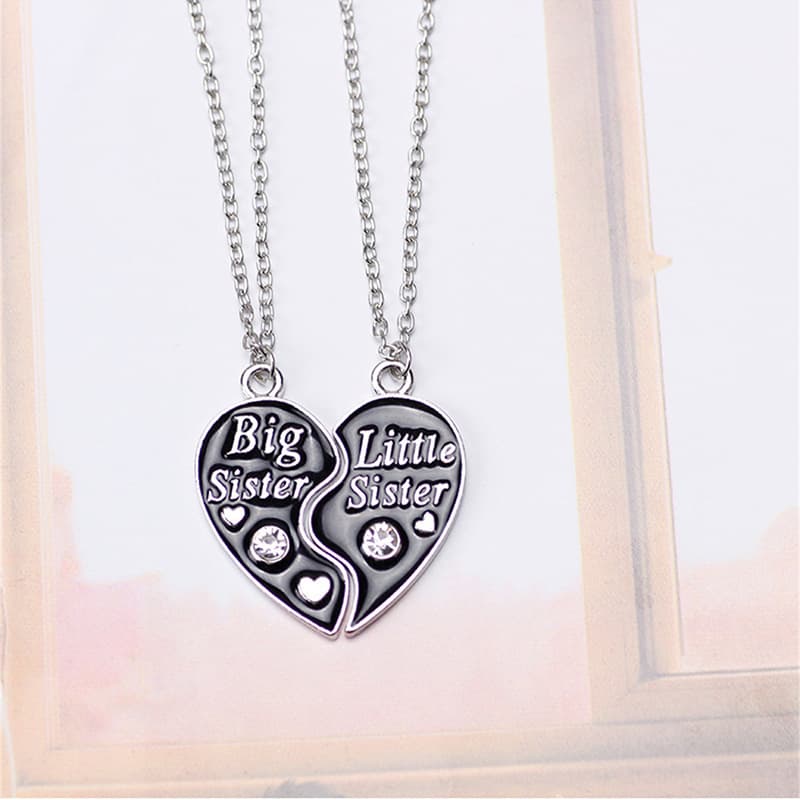 Matching Big Little Sister Heart Necklace Set, Sparkling Crystal Enamel Friendship Jewelry