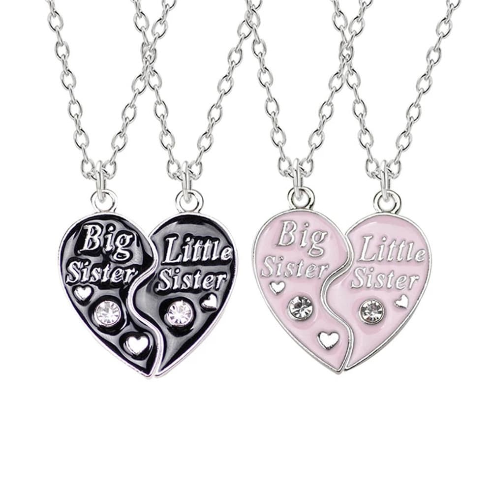Matching Big Little Sister Heart Necklace Set, Sparkling Crystal Enamel Friendship Jewelry